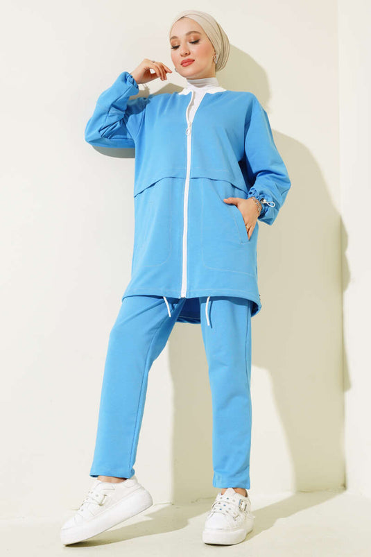 Yaka Ribanalı Fermuarlı İkili Takım Mavi