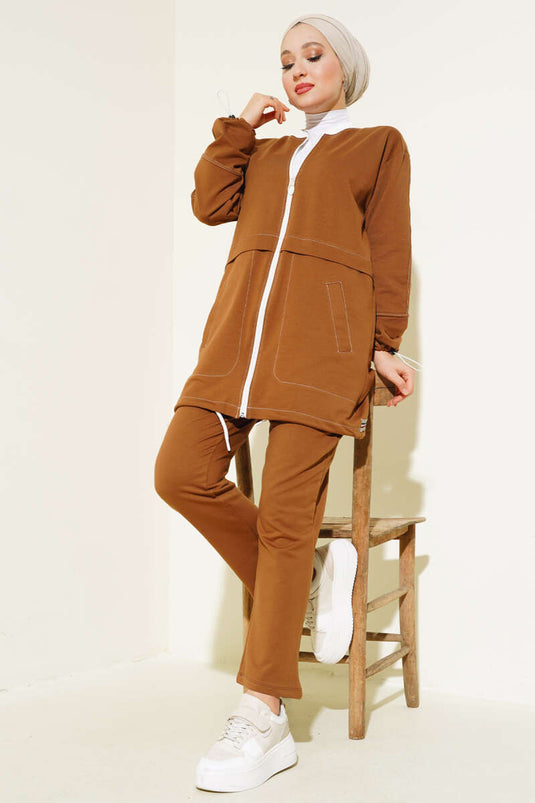 Yaka Ribanalı Fermuarlı İkili Takım Taba