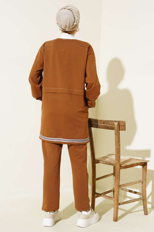 Ribbed Collar Zippered Two Piece Suit Tan