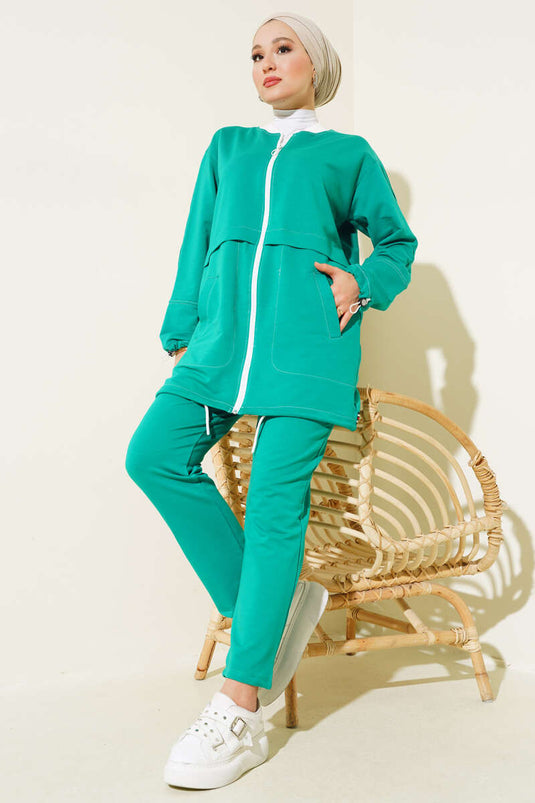 Ribbed Collar Zippered Two Piece Suit Green