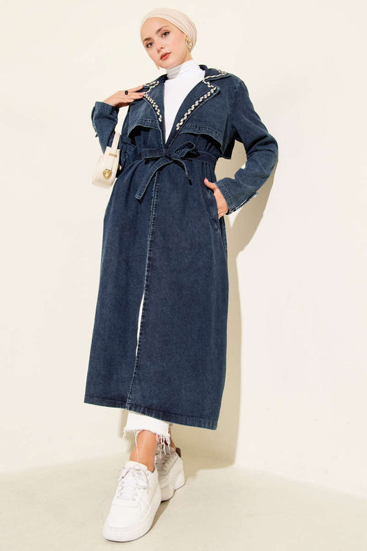 Stone Detailed Belted Denim Trench Coat Dark Blue