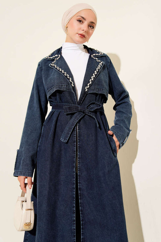 Stone Detailed Belted Denim Trench Coat Dark Blue