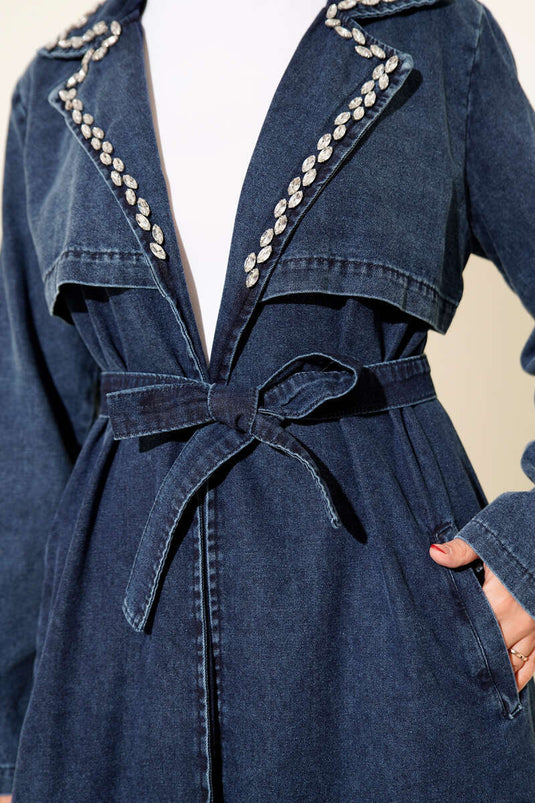 Stone Detailed Belted Denim Trench Coat Dark Blue