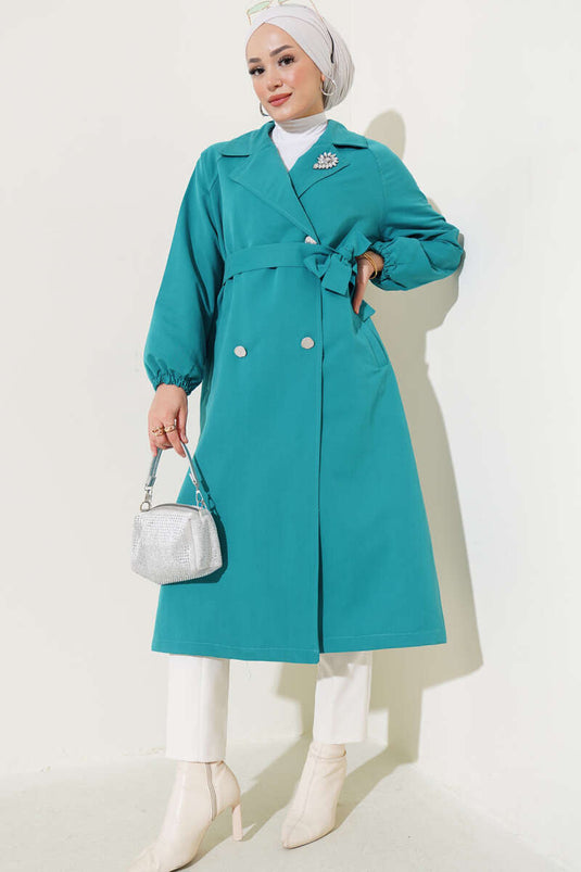 Yaka Taşlı Astarlı Trençkot Petrol