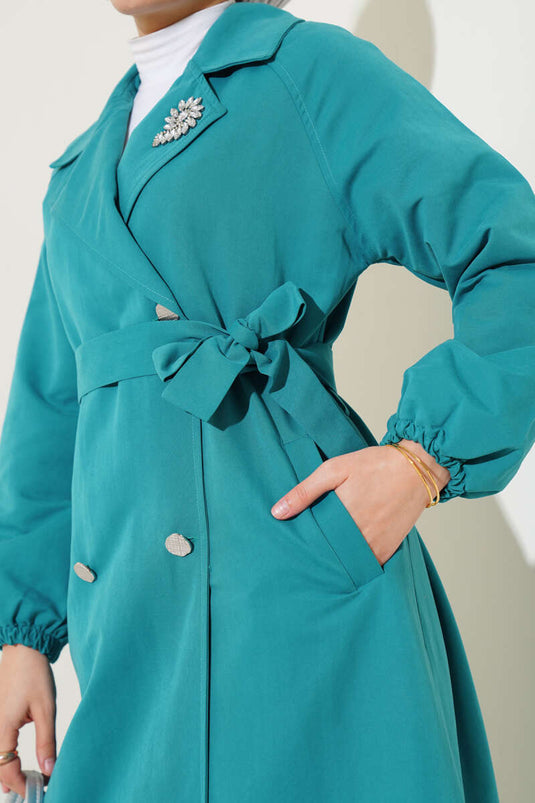 Yaka Taşlı Astarlı Trençkot Petrol