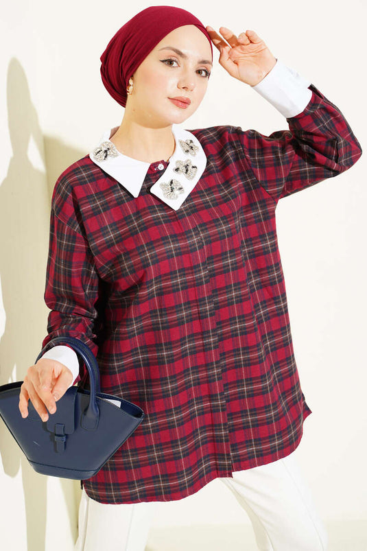Chemise à carreaux avec col à pierres Bordeaux