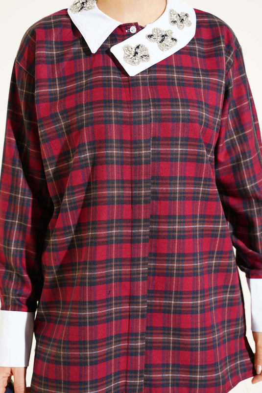 Chemise à carreaux avec col à pierres Bordeaux