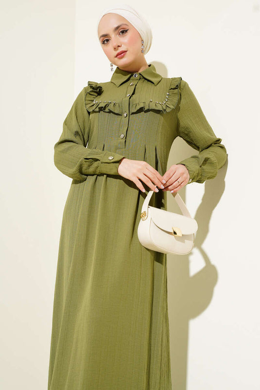 Abito con volant e colletto in pietra, verde mandorla