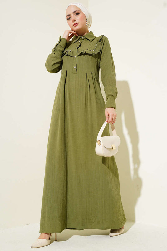 Abito con volant e colletto in pietra, verde mandorla