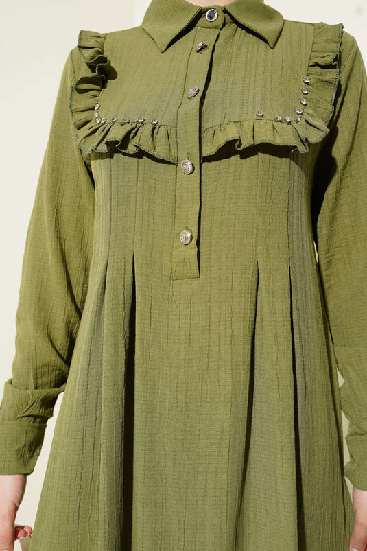 Abito con volant e colletto in pietra, verde mandorla