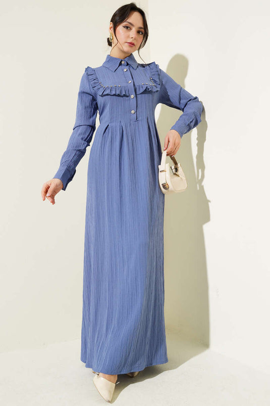 Ruffle Dress with Stone Collar Indigo