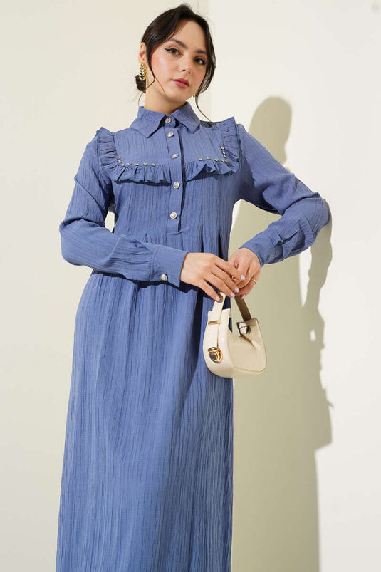 Ruffle Dress with Stone Collar Indigo