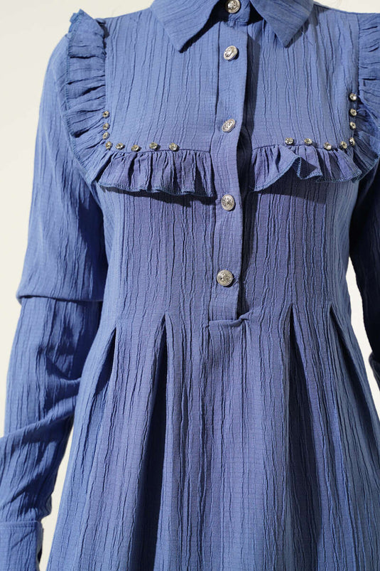 Ruffle Dress with Stone Collar Indigo