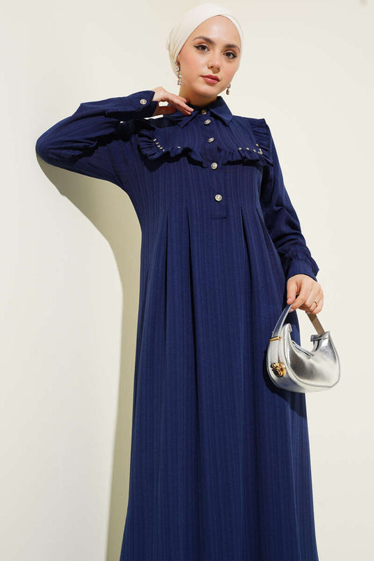 Yaka Taşlı Fırfırlı Elbise Lacivert