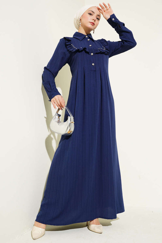 Yaka Taşlı Fırfırlı Elbise Lacivert