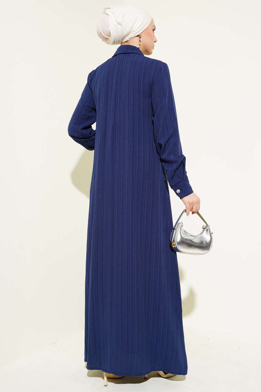 Yaka Taşlı Fırfırlı Elbise Lacivert