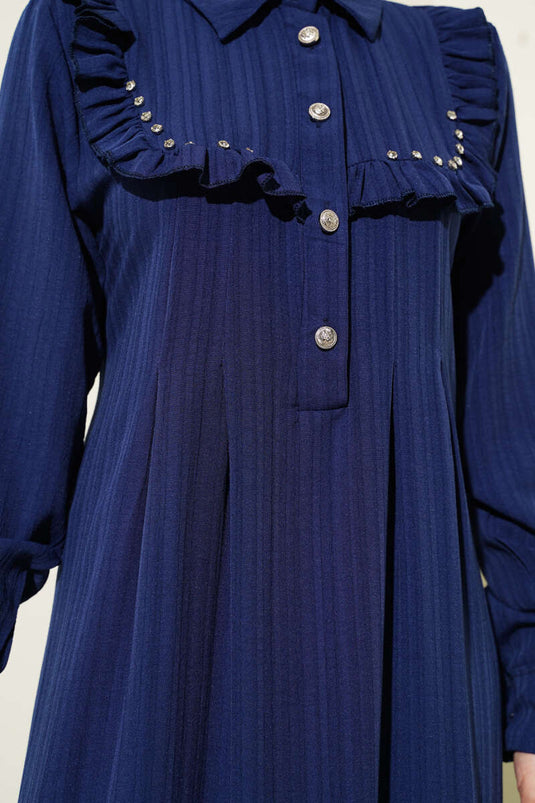 Yaka Taşlı Fırfırlı Elbise Lacivert