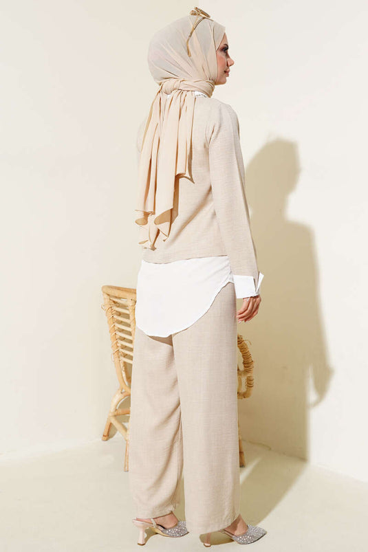 Yaka Taşlı Garnili İkili Takım Bej