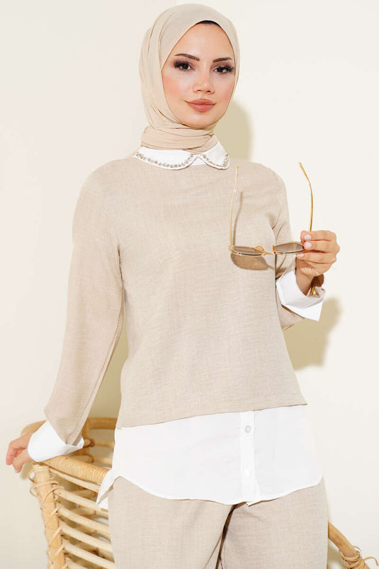 Yaka Taşlı Garnili İkili Takım Bej