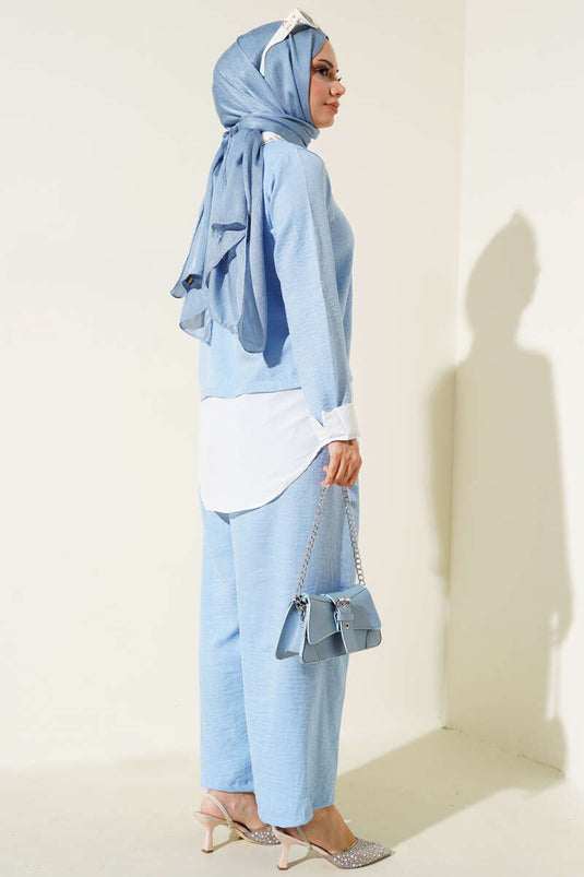 Yaka Taşlı Garnili İkili Takım Buz Mavisi