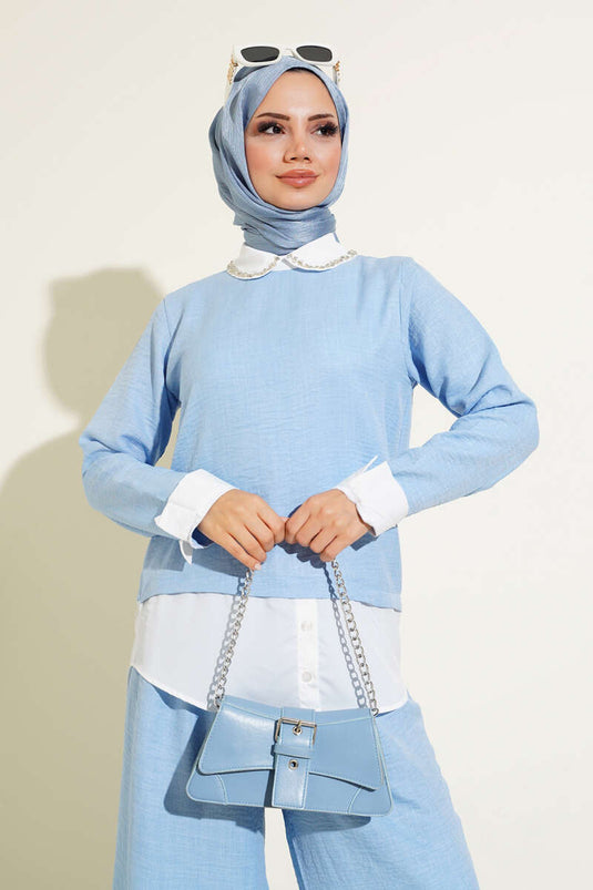 Yaka Taşlı Garnili İkili Takım Buz Mavisi