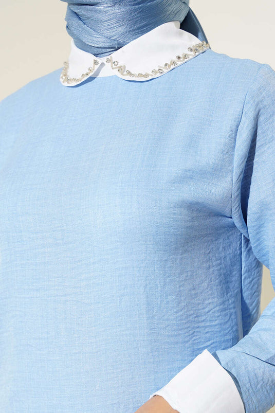 Yaka Taşlı Garnili İkili Takım Buz Mavisi