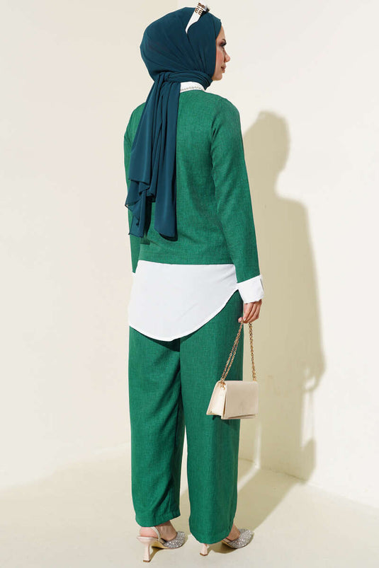 Yaka Taşlı Garnili İkili Takım Zümrüt