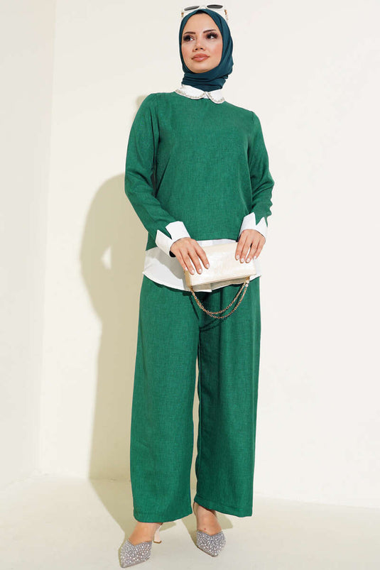 Yaka Taşlı Garnili İkili Takım Zümrüt