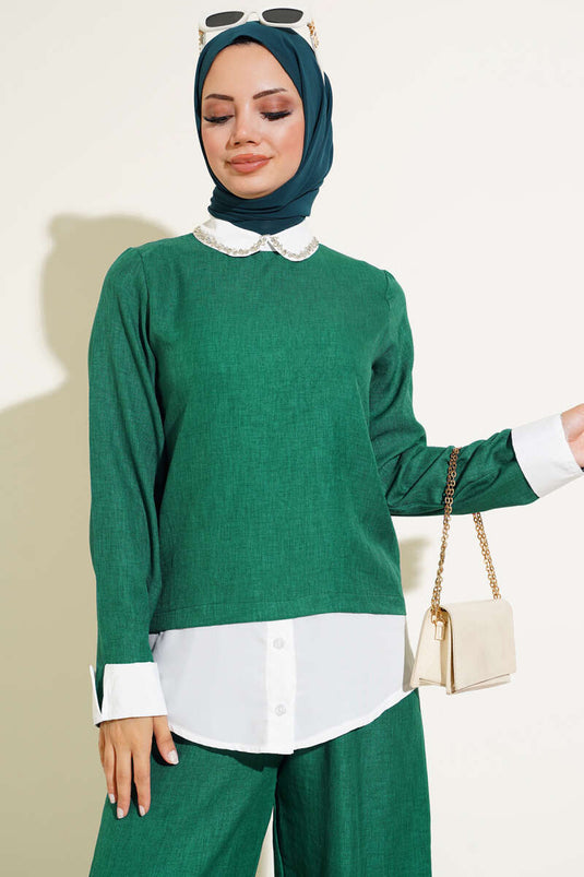 Yaka Taşlı Garnili İkili Takım Zümrüt