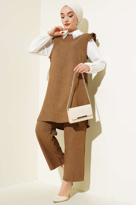 Yaka Taşlı Gömlek Garnili İkili Takım Camel