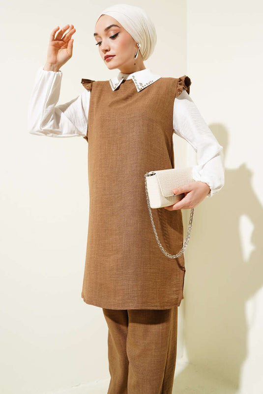 Yaka Taşlı Gömlek Garnili İkili Takım Camel