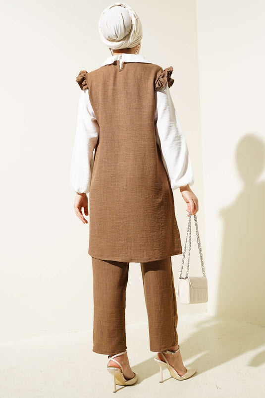 Yaka Taşlı Gömlek Garnili İkili Takım Camel