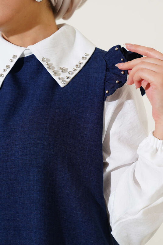 Stone Collar Shirt Garnished Two Piece Suit Navy Blue