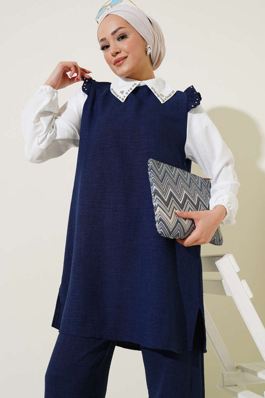 Stone Collar Shirt Garnished Two Piece Suit Navy Blue