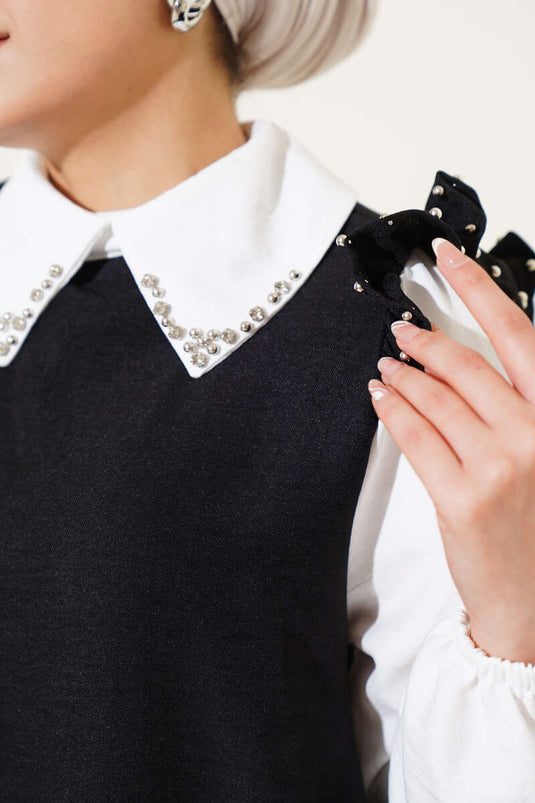 قميص بياقة حجرية مزين ببدلة مكونة من قطعتين باللون الأسود