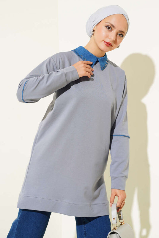 طوق محشش اثنين من الخيط سترة رمادية داكنة