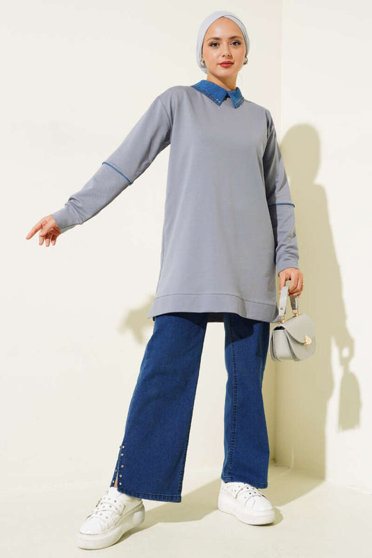 طوق محشش اثنين من الخيط سترة رمادية داكنة