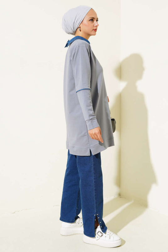 طوق محشش اثنين من الخيط سترة رمادية داكنة