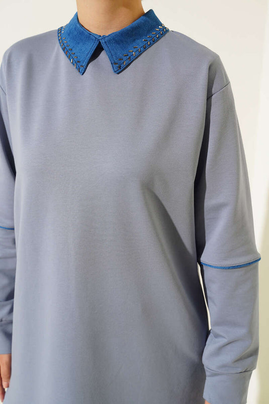 طوق محشش اثنين من الخيط سترة رمادية داكنة