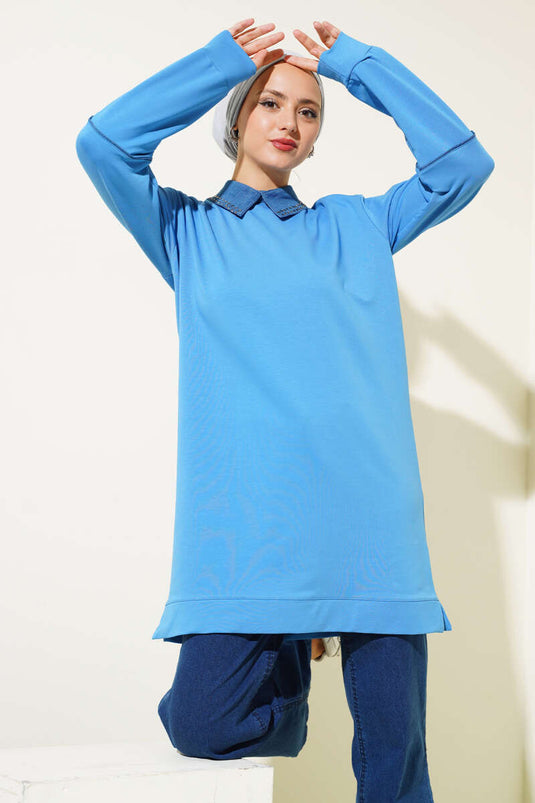 الياقة مرصعة بخيطين تونيك أزرق