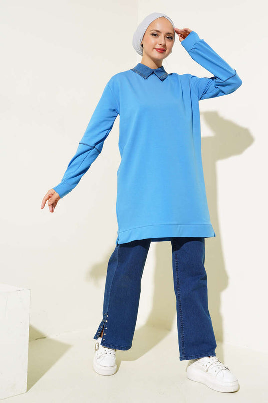 الياقة مرصعة بخيطين تونيك أزرق