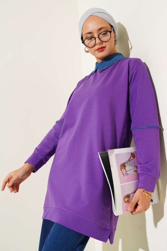 الياقة مرصعة بخيطين تونيك بنفسجي