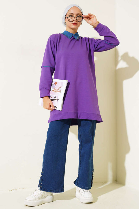 الياقة مرصعة بخيطين تونيك بنفسجي