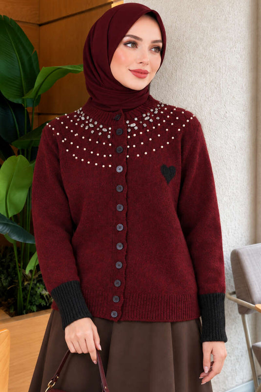 Cardigan In Maglia Bordeaux Con Cuori E Perline