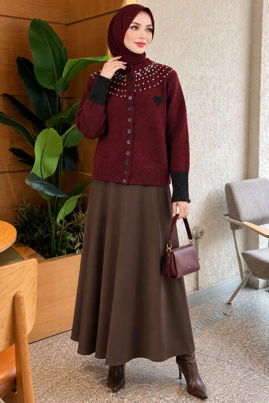 Cardigan In Maglia Bordeaux Con Cuori E Perline