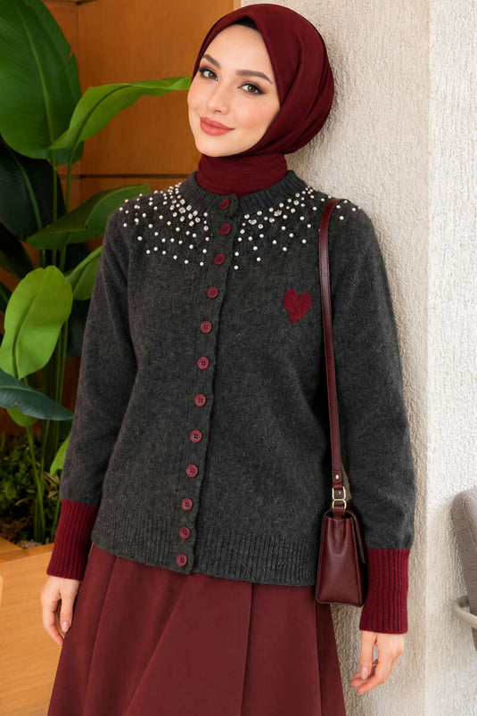 Gilet En Maille À Col Montant Orné De Cœurs Et De Pierres, Couleur Fumé