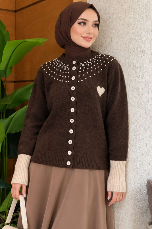 Brown Embellished Heart Pattern Knit Cardigan