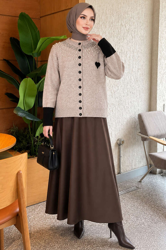 Cardigan In Maglia Con Cuori Decorati E Collo Alto Con Pietre
