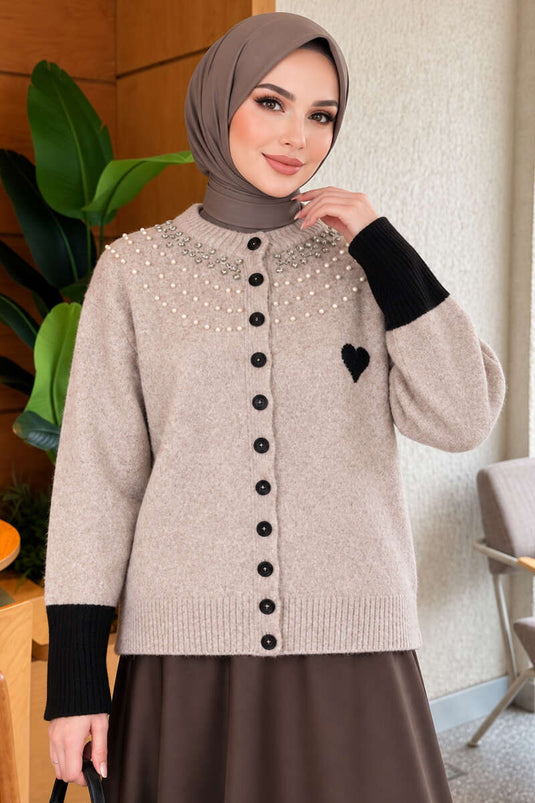 Cardigan In Maglia Con Cuori Decorati E Collo Alto Con Pietre