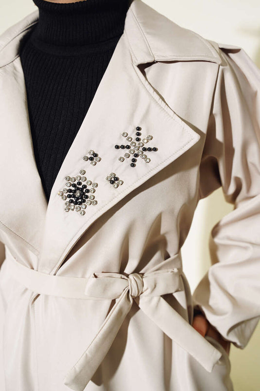 Stone Collar Belted Trench Coat Beige